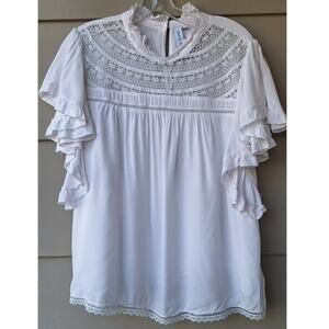Grace & Karma Crochet Lace Ruffle White Blouse Top Rayon Cotton XL Cottage